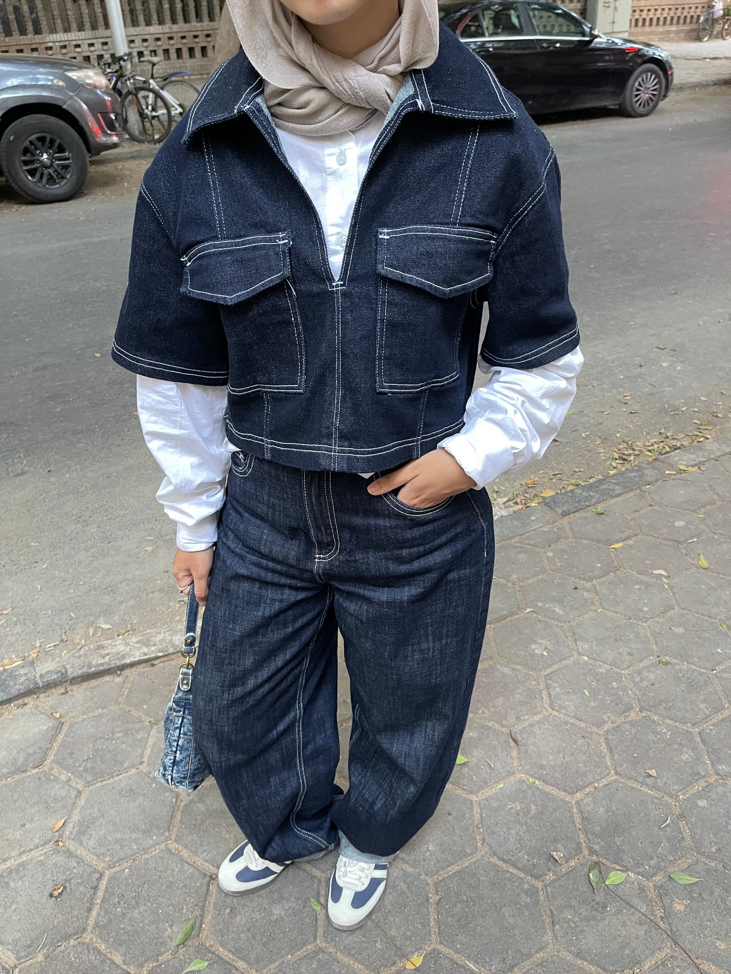 The dimensional denim top.