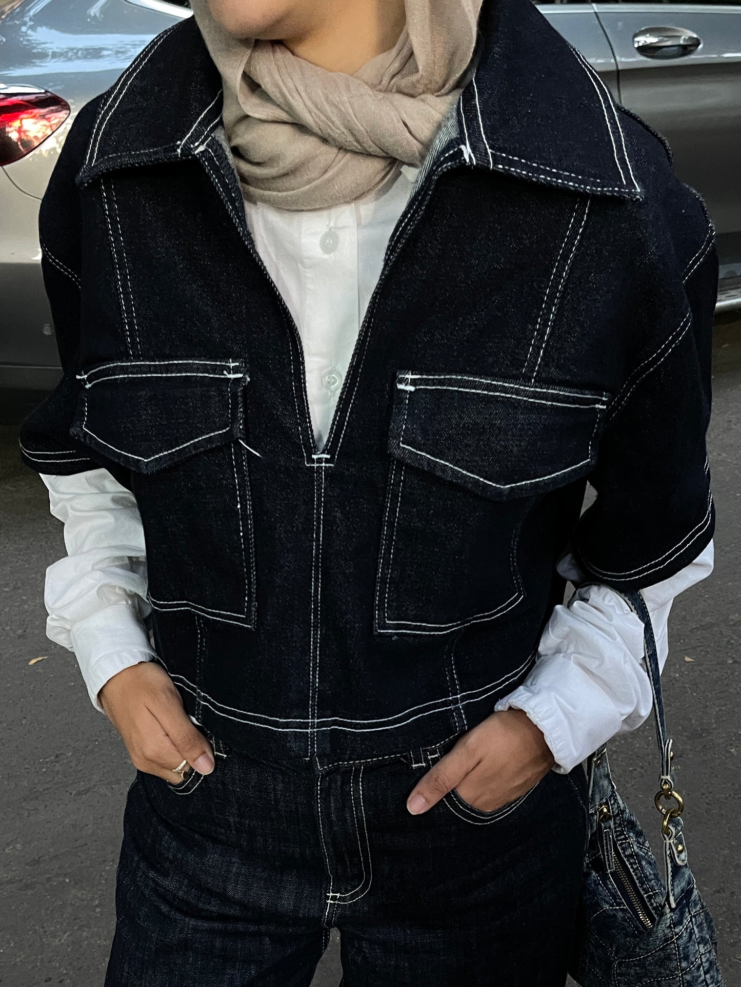 The dimensional denim top.